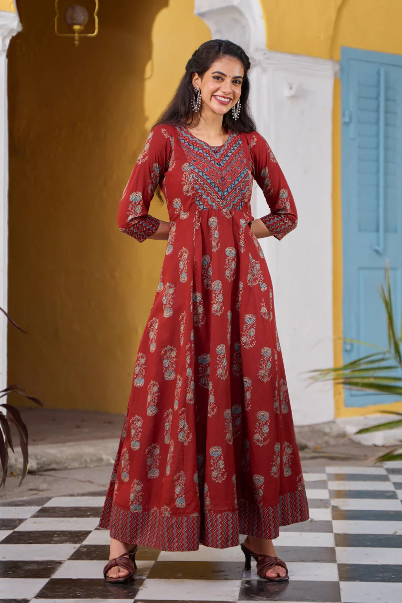 Floral Printed Cotton Anarkali - Rust